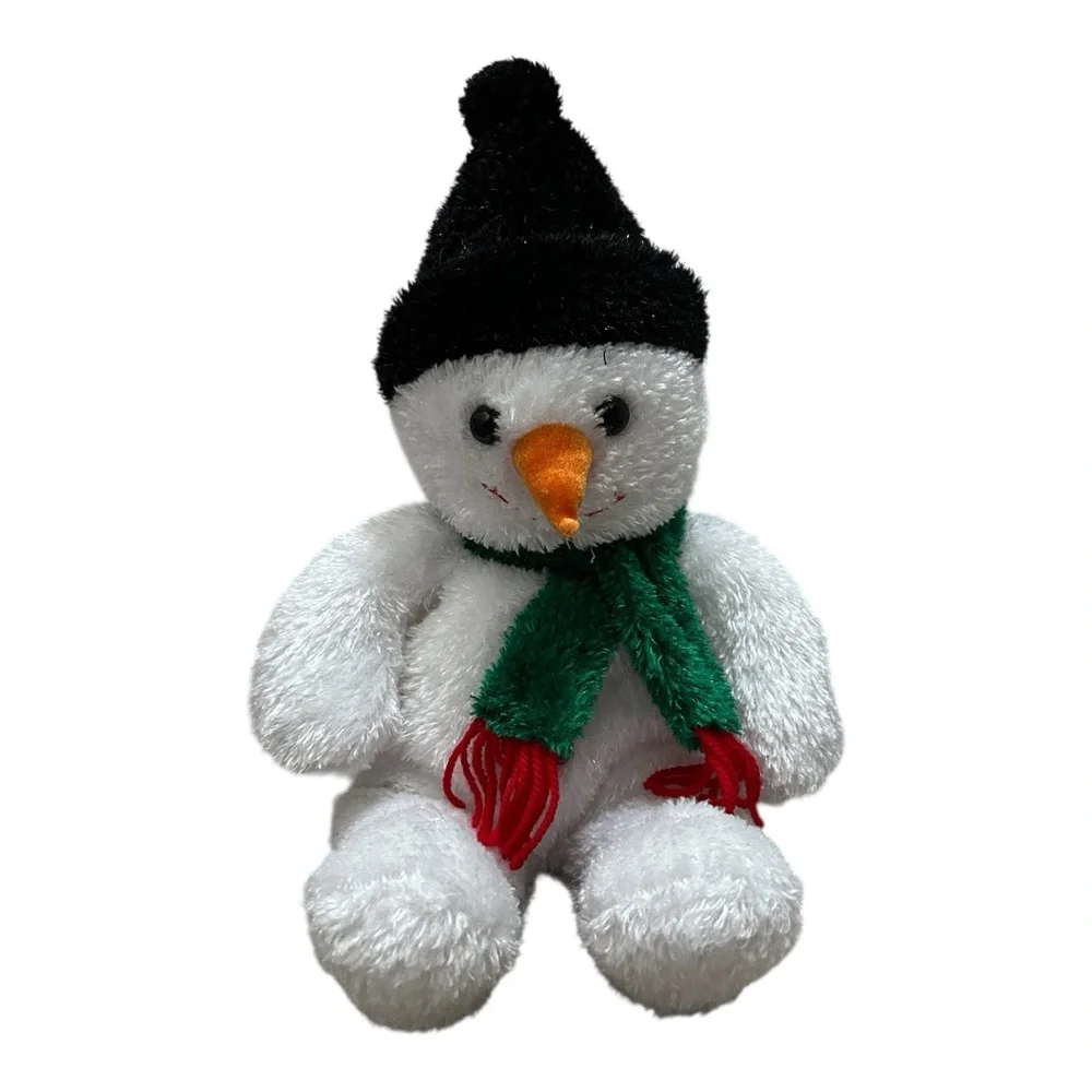Festive Snowman Plush with Black Hat and Green Scarf Doll